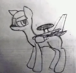 Size: 1394x1352 | Tagged: artist needed, safe, derpibooru import, oc, unnamed oc, unofficial characters only, original species, plane pony, pony, awacs, e-767, frown, image, jpeg, looking at you, pencil drawing, plane, serious, serious face, solo, standing, traditional art