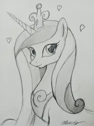 Size: 3060x4080 | Tagged: safe, artist:reekosukanku, derpibooru import, princess cadance, alicorn, pony, bust, crown, cute, female, horn, image, jewelry, jpeg, long hair, looking at you, love, mantle, mare, monochrome, pencil drawing, photo, portrait, regalia, simple background, sketch, solo, traditional art