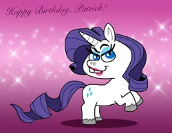 Size: 1016x787 | Tagged: safe, artist:cookie-lovey, derpibooru import, rarity, pony, unicorn, 2014, bucktooth, female, happy birthday, image, jpeg, lipstick, looking at you, mare, purple background, rearing, simple background, smiling, smiling at you, solo, sparkles, style emulation, text, the fairly oddparents