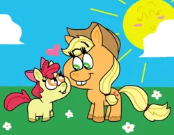 Size: 1016x787 | Tagged: safe, artist:cookie-lovey, derpibooru import, apple bloom, applejack, earth pony, pony, 2014, apple sisters, blank flank, bucktooth, cloud, cute, duo, duo female, female, filly, floating heart, flower, foal, grass, grass field, heart, image, jpeg, looking at each other, looking at someone, mare, siblings, sisters, sky, style emulation, sun, the fairly oddparents