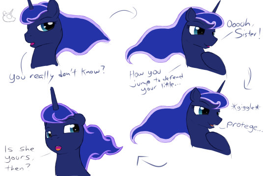 Size: 540x360 | Tagged: safe, artist:still-waters-artpony, derpibooru import, princess luna, emotions, female, hoof on chest, image, jpeg, smiling, solo, solo female, talking