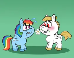 Size: 1016x787 | Tagged: safe, artist:cookie-lovey, derpibooru import, bulk biceps, rainbow dash, pegasus, pony, 2014, blushing, bucktooth, bulkdash, duo, duo male and female, female, flower, flower in mouth, frown, green background, image, jpeg, looking at each other, looking at someone, male, mare, mouth hold, nervous sweat, shipping, simple background, smiling, spread wings, stallion, straight, style emulation, the fairly oddparents, wings