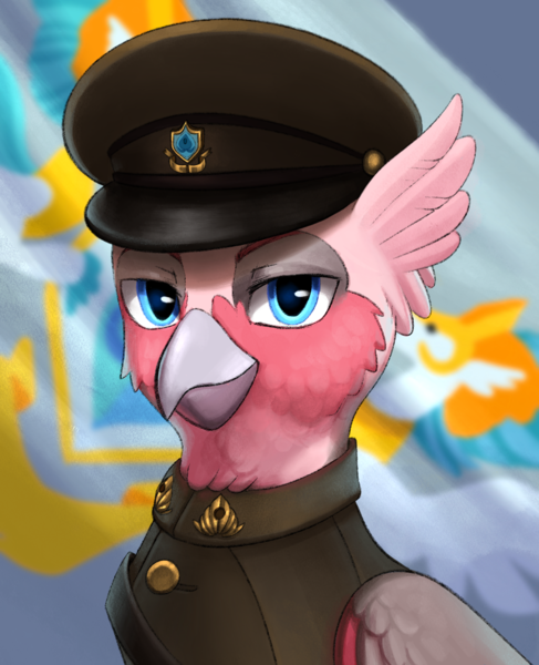 Size: 1338x1650 | Tagged: safe, artist:kleowolfy, derpibooru import, oc, unofficial characters only, gryphon, equestria at war mod, bust, clothes, commission, flag, general, griffon oc, image, png, portrait, solo, uniform