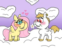 Size: 1016x787 | Tagged: safe, artist:cookie-lovey, derpibooru import, bulk biceps, fluttershy, pegasus, pony, 2014, bedroom eyes, blushing, bucktooth, cloud, female, floating heart, flower, flower in mouth, flutterbulk, heart, heart shaped, image, jpeg, looking at each other, looking at someone, male, mare, mouth hold, on a cloud, shipping, sky, smiling, smiling at each other, spread wings, stallion, standing on a cloud, straight, style emulation, the fairly oddparents, wings