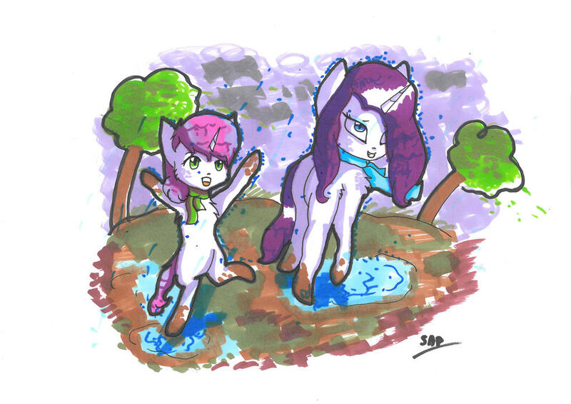 Size: 1024x724 | Tagged: safe, artist:adishu, derpibooru import, rarity, sweetie belle, pony, unicorn, duo, excited, female, filly, foal, image, jpeg, mare, muddy hooves, puddle