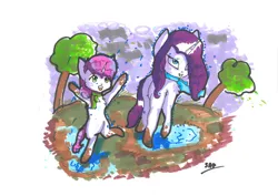 Size: 1024x724 | Tagged: safe, artist:adishu, derpibooru import, rarity, sweetie belle, pony, unicorn, duo, excited, female, filly, foal, image, jpeg, mare, muddy hooves, puddle