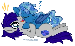 Size: 1000x617 | Tagged: safe, artist:jennieoo, derpibooru import, oc, oc:maverick, oc:ocean soul, bat pony, earth pony, pony, fangs, happy, hug, image, lying down, lying on top of someone, on back, png, show accurate, simple background, sleeping, smiling, transparent background