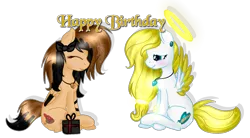 Size: 1523x840 | Tagged: safe, artist:angellightyt, derpibooru import, oc, oc:angel light, unofficial characters only, pegasus, pony, base used, colored wings, duo, female, happy birthday, image, jewelry, mare, necklace, png, simple background, smiling, transparent background, two toned wings, wings