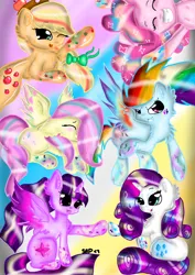 Size: 752x1063 | Tagged: safe, artist:adishu, derpibooru import, applejack, fluttershy, pinkie pie, rainbow dash, rarity, twilight sparkle, twilight sparkle (alicorn), alicorn, earth pony, pegasus, unicorn, image, jpeg, mane six, rainbow power, simple background