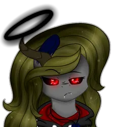 Size: 707x787 | Tagged: safe, artist:angellightyt, derpibooru import, oc, oc:angel light, unofficial characters only, pony, base used, bust, clothes, female, halo, horn, image, jacket, mare, nightmarified, png, red eyes, simple background, solo, transparent background, unamused