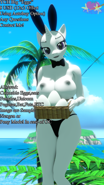 Size: 2160x3840 | Tagged: questionable, artist:marianokun, derpibooru import, oc, anthro, 3d, blender, blender eevee, breasts, bunny ears, commission, description is relevant, easter, easter egg, egg, female, holiday, image, looking at you, ocean, palm tree, png, tree, water, ych example, your character here