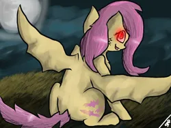 Size: 1024x768 | Tagged: safe, artist:adishu, derpibooru import, fluttershy, bat pony, bat ponified, fangs, flutterbat, full moon, glow, glowing eyes, grass, grass field, image, jpeg, looking back, moon, night, race swap, solo