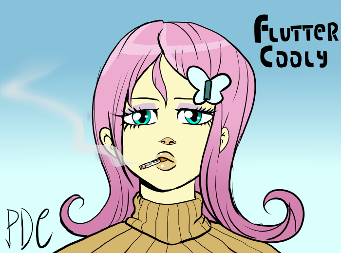 Size: 700x519 | Tagged: safe, artist:professordoctorc, derpibooru import, fluttershy, human, butterfly hairpin, cigarette, clothes, derpibooru exclusive, flcl, image, png, simple background, smoking, sweater