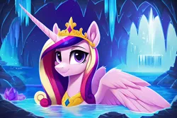 Size: 3072x2048 | Tagged: safe, derpibooru import, editor:montaraz13, machine learning generated, novelai, stable diffusion, princess cadance, alicorn, pony, bathing, cave, crystal, crystal caverns, female, horn, image, jewelry, png, pond, princess of love, regalia, smiling, solo, underground, water, waterfall