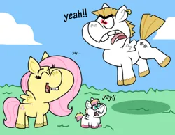 Size: 1016x787 | Tagged: safe, artist:cookie-lovey, derpibooru import, bulk biceps, fluttershy, oc, oc:peggy, pegasus, pony, 2014, baby, baby pony, cloud, eyes closed, family, female, filly, flutterbulk, foal, grass, image, jpeg, male, mare, offspring, open mouth, open smile, parent:bulk biceps, parent:fluttershy, parents:flutterbulk, shipping, sky, smiling, stallion, straight, style emulation, teeth, the fairly oddparents, tongue out, trio, yay, yeah!!!!!!!!