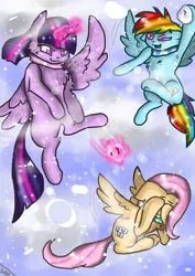 Size: 751x1063 | Tagged: safe, artist:adishu, derpibooru import, fluttershy, rainbow dash, twilight sparkle, twilight sparkle (alicorn), alicorn, pegasus, pony, clothes, cowering, excited, female, glow, glowing horn, horn, image, jpeg, mare, scarf, simple background, snow, snowball, snowball fight, snowfall, terrified, trio