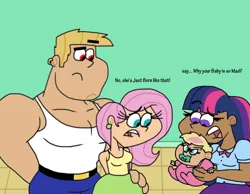 Size: 1016x787 | Tagged: safe, artist:cookie-lovey, derpibooru import, bulk biceps, fluttershy, twilight sparkle, oc, oc:peggy, human, 2014, angry, arm around back, baby, blouse, breasts, busty fluttershy, busty twilight sparkle, child, clothes, family, female, flutterbulk, frown, hand on hip, height difference, holding a baby, humanized, image, jpeg, male, muscles, muscular male, offspring, open mouth, pacifier, parent:bulk biceps, parent:fluttershy, parents:flutterbulk, resting bitch face, shipping, skirt, straight, style emulation, tanktop, the fairly oddparents