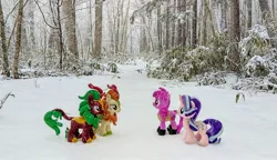 Size: 2048x1181 | Tagged: safe, derpibooru import, photographer:pakapaka1993, autumn blaze, berry punch, berryshine, cinder glow, starlight glimmer, summer flare, pony, image, irl, japan, jpeg, photo, plushie, snow