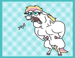 Size: 1016x787 | Tagged: safe, artist:cookie-lovey, derpibooru import, oc, oc:peggy, unofficial characters only, pegasus, pony, 2014, bipedal, blue background, female, flexing, image, jpeg, like father like daughter, like parent like child, mare, muscles, muscular female, offspring, older, open mouth, parent:bulk biceps, parent:fluttershy, parents:flutterbulk, plaid background, simple background, solo, tongue out, yay, yeah!!!!!!!!