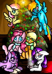 Size: 751x1063 | Tagged: safe, artist:adishu, derpibooru import, applejack, fluttershy, pinkie pie, rainbow dash, rarity, twilight sparkle, twilight sparkle (alicorn), alicorn, earth pony, pegasus, unicorn, christmas, christmas tree, holiday, image, jpeg, mane six, tree