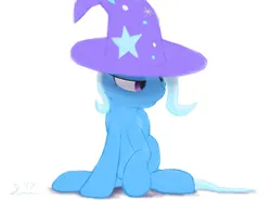 Size: 540x400 | Tagged: safe, artist:still-waters-artpony, derpibooru import, trixie, clothes, depressed, female, hat, image, jpeg, looking down, raised hoof, sitting, solo, solo female, trixie's hat, unamused