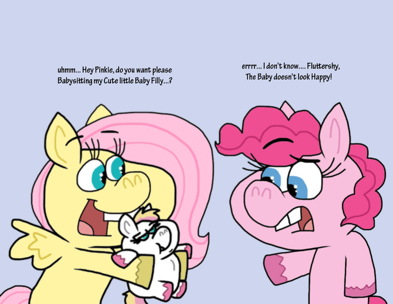 Size: 1016x787 | Tagged: safe, artist:cookie-lovey, derpibooru import, fluttershy, pinkie pie, oc, oc:peggy, earth pony, pegasus, pony, 2014, baby, baby pony, blue background, bucktooth, female, filly, foal, frown, holding a pony, image, jpeg, mare, mother and child, mother and daughter, offspring, open mouth, open smile, parent:bulk biceps, parent:fluttershy, parents:flutterbulk, resting bitch face, simple background, smiling, style emulation, the fairly oddparents, trio, trio female