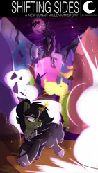 Size: 2100x3712 | Tagged: safe, artist:modularpon, derpibooru import, king sombra, nightmare moon, oc, oc:grim fate, alicorn, pony, unicorn, fanfic, alternate timeline, armor, cape, castle, clothes, crystal empire, explosion, fanfic art, fanfic cover, female, fire, horn, image, mare, new lunar millennium, nightmare takeover timeline, png, ponytail, shoes, smoke, solo focus, unicorn oc