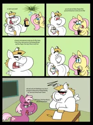Size: 1024x1366 | Tagged: safe, artist:cookie-lovey, derpibooru import, bulk biceps, cheerilee, fluttershy, oc, oc:peggy, earth pony, pegasus, pony, 2014, annoyed, baby, baby bottle, baby pony, bucktooth, classroom, comic, desk, energy drink, family, father and child, father and daughter, female, filly, flutterbulk, foal, frown, holding a pony, hoof hold, image, jpeg, male, mare, offspring, open mouth, open smile, parent:bulk biceps, parent:fluttershy, parents:flutterbulk, shipping, smiling, stallion, straight, style emulation, the fairly oddparents