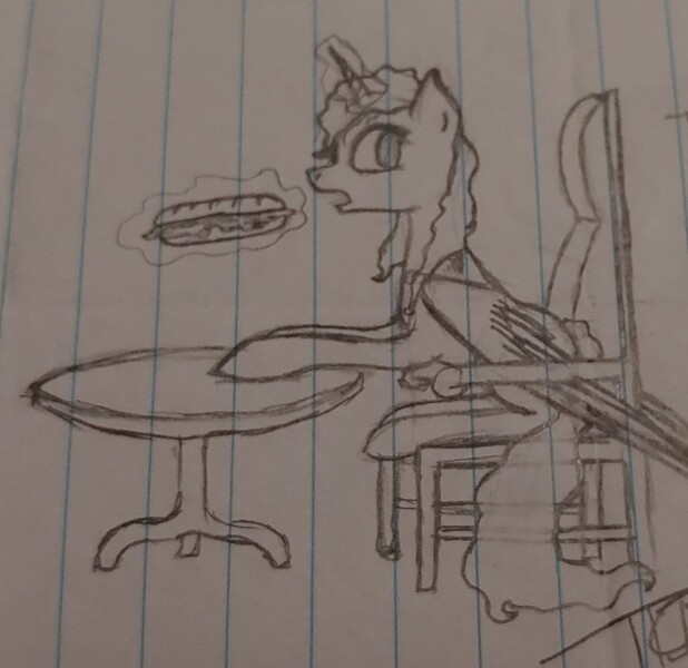 Size: 1737x1686 | Tagged: safe, artist:those kids in the corner, derpibooru import, oc, oc:evergreen, alicorn, pony, chair, eating, female, food, image, jpeg, looking back, magic, mare, old art, sandwich, table, telekinesis, traditional art