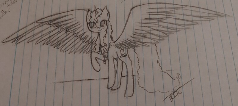 Size: 3100x1389 | Tagged: safe, artist:those kids in the corner, derpibooru import, oc, oc:evergreen, alicorn, pony, female, image, jpeg, mare, old art, spread wings, traditional art, wings