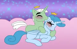 Size: 1024x651 | Tagged: safe, artist:cookie-lovey, derpibooru import, ponified, alicorn, pony, 2014, base used, biting, blushing, crown, cuddling, ear bite, eyes closed, female, image, jewelry, jorgen von strangle, jpeg, lying down, male, mare, prone, regalia, shipping, smiling, stallion, straight, tooth fairy