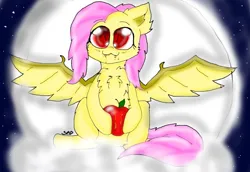 Size: 1024x704 | Tagged: safe, artist:adishu, derpibooru import, fluttershy, bat pony, apple, bat ponified, cloud, fangs, flutterbat, food, full moon, image, jpeg, juice, moon, night, on a cloud, race swap, sitting, sitting on cloud, solo, spread wings, wings