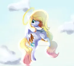 Size: 1600x1426 | Tagged: safe, artist:harmonyvitality-yt, derpibooru import, oc, oc:angel light, unofficial characters only, pegasus, pony, cloud, colored wings, deviantart watermark, female, flying, halo, image, jpeg, mare, obtrusive watermark, outdoors, smiling, solo, two toned wings, watermark, wings