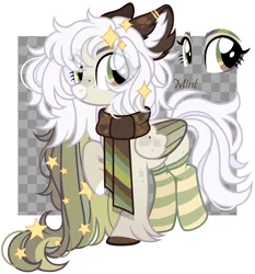 Size: 1980x2120 | Tagged: safe, artist:mint-light, derpibooru import, oc, unofficial characters only, pegasus, adoptable, checkered background, clothes, ear fluff, image, looking at you, male, multicolored coat, multicolored hair, multicolored mane, pegasus oc, png, raised hoof, scarf, signature, smiling, sparkles, stars, wings