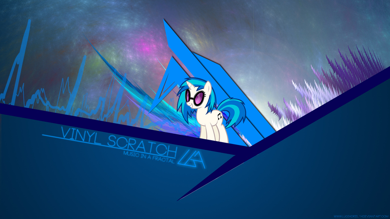 Size: 1920x1080 | Tagged: safe, artist:durpy, artist:lugiadriel14, derpibooru import, edit, vinyl scratch, pony, unicorn, abstract background, female, fractal, image, jpeg, lighting, mare, name, smiling, solo, sunglasses, wallpaper, wallpaper edit, watermark