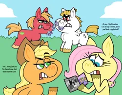 Size: 1016x787 | Tagged: safe, artist:cookie-lovey, derpibooru import, big macintosh, bulk biceps, fluttershy, earth pony, pegasus, pony, 2014, angry, bluto, bucktooth, cloud, cosmo, dialogue, female, flutterbulk, fluttermac, glare, grass, gritted teeth, hoof hold, image, jpeg, juandissimo magnifico, looking at each other, looking at someone, male, mare, narrowed eyes, olive oil, photo, popeye, shipping, sky, snorting, spread wings, stallion, straight, style emulation, teeth, text, the fairly oddparents, wanda, wings