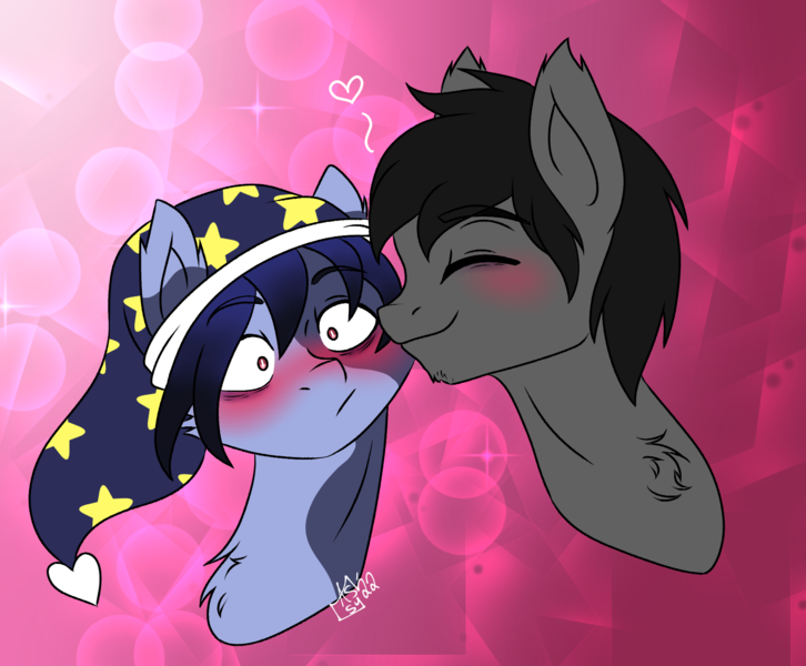 Size: 1784x1474 | Tagged: safe, artist:drawing-assassin-art, derpibooru import, oc, oc:dark water, oc:moonpie, unofficial characters only, bat pony, pony, blushing, blushing profusely, chest fluff, derpibooru exclusive, ear fluff, eyebrows, eyebrows visible through hair, eyes closed, eyes open, facial hair, gay, hat, image, male, multicolored hair, multiple fur color, oc x oc, png, shipping, stallion, stallion on stallion, stars