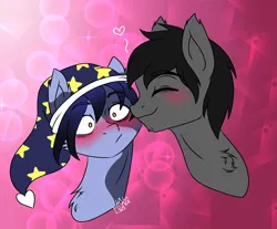 Size: 1784x1474 | Tagged: safe, artist:drawing-assassin-art, derpibooru import, oc, oc:dark water, oc:moonpie, unofficial characters only, bat pony, pony, blushing, blushing profusely, chest fluff, derpibooru exclusive, ear fluff, eyebrows, eyebrows visible through hair, eyes closed, eyes open, facial hair, gay, hat, image, male, multicolored hair, multiple fur color, oc x oc, png, shipping, stallion, stallion on stallion, stars