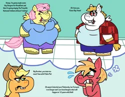 Size: 1016x787 | Tagged: safe, artist:cookie-lovey, derpibooru import, applejack, big macintosh, bulk biceps, fluttershy, anthro, earth pony, pegasus, pony, unguligrade anthro, 2014, applejack is not amused, arm hooves, belly, big belly, breasts, bucktooth, busty fluttershy, clothes, dialogue, fat, fattershy, female, flutterbulk, frown, image, implied fluttermac, implied shipping, implied straight, jacket, jpeg, male, mare, nervous sweat, obese, panic, plaid, rosanne, roseanne, shipping, shirt, stallion, straight, stupidity, style emulation, text, the fairly oddparents, thought bubble, unamused