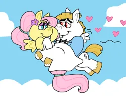 Size: 1016x787 | Tagged: safe, artist:cookie-lovey, derpibooru import, bulk biceps, fluttershy, pegasus, pony, 2014, bowtie, bridal carry, bucktooth, carrying, clothes, cloud, dress, female, floating heart, flower, flower in hair, flutterbulk, flying, heart, image, jpeg, just married, looking at each other, looking at someone, male, mare, shipping, sky, smiling, smiling at each other, stallion, straight, style emulation, suit, the fairly oddparents, tuxedo, wedding dress