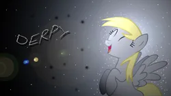 Size: 1920x1080 | Tagged: safe, artist:lugiadriel14, artist:spaceponies, derpibooru import, edit, derpy hooves, pegasus, pony, eyes closed, female, flying, gradient background, happy, image, jpeg, lighting, mare, name, open mouth, open smile, smiling, solo, space, spread wings, stars, wallpaper, wallpaper edit, watermark, wings