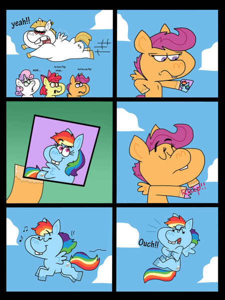 Size: 1024x1366 | Tagged: safe, artist:cookie-lovey, derpibooru import, apple bloom, bulk biceps, rainbow dash, scootaloo, sweetie belle, earth pony, pegasus, pony, unicorn, 2014, bucktooth, cloud, cutie mark crusaders, eyes closed, female, filly, flying, foal, frown, heart attack, hoof hold, image, jpeg, looking up, male, mare, photo, sky, smiling, stallion, style emulation, tearing, the fairly oddparents, yeah!!!!!!!!