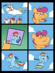 Size: 1024x1366 | Tagged: safe, artist:cookie-lovey, derpibooru import, apple bloom, bulk biceps, rainbow dash, scootaloo, sweetie belle, earth pony, pegasus, pony, unicorn, 2014, bucktooth, cloud, cutie mark crusaders, eyes closed, female, filly, flying, foal, frown, heart attack, hoof hold, image, jpeg, looking up, male, mare, photo, sky, smiling, stallion, style emulation, tearing, the fairly oddparents, yeah!!!!!!!!