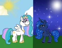 Size: 1016x787 | Tagged: safe, artist:cookie-lovey, derpibooru import, princess celestia, princess luna, alicorn, pony, 2014, cloud, day, duo, duo female, female, frown, grass, height difference, image, jpeg, lidded eyes, luna is not amused, moon, narrowed eyes, night, royal sisters, siblings, sisters, sky, smiling, spread wings, stars, style emulation, sun, the fairly oddparents, unamused, wings