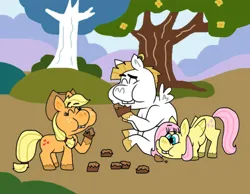 Size: 1016x787 | Tagged: safe, artist:cookie-lovey, derpibooru import, applejack, bulk biceps, fluttershy, earth pony, pegasus, pony, 2014, apple brown betty (food), bucktooth, eating, eyes closed, female, flower, flutterbulk, food, head down, hill, image, jpeg, male, mare, path, puffy cheeks, shipping, sitting, smiling, stallion, straight, style emulation, the fairly oddparents, tree, trio