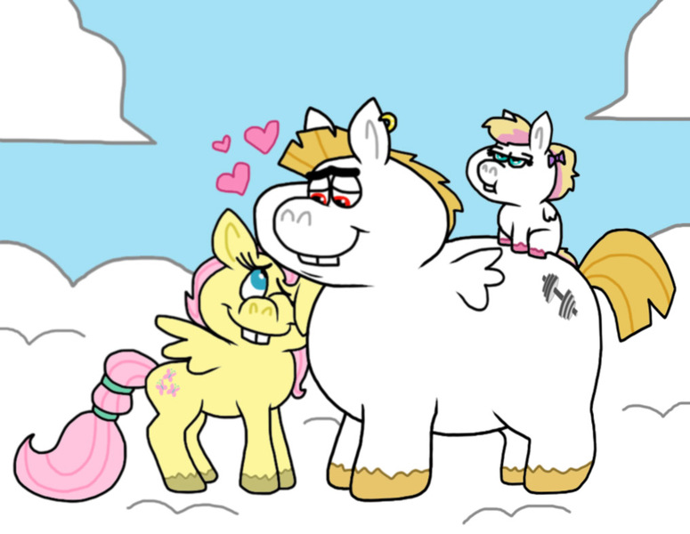 Size: 1016x787 | Tagged: safe, artist:cookie-lovey, derpibooru import, bulk biceps, fluttershy, oc, oc:peggy, pegasus, pony, 2014, baby, baby pony, bucktooth, cloud, family, female, filly, floating heart, flutterbulk, foal, heart, height difference, image, jpeg, larger female, looking at each other, looking at someone, looking down, looking up, male, nuzzling, offspring, on a cloud, one eye closed, parent:bulk biceps, parent:fluttershy, parents:flutterbulk, shipping, size difference, sky, smaller female, smiling, smiling at each other, standing on a cloud, straight, style emulation, the fairly oddparents, trio