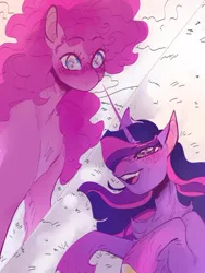 Size: 400x533 | Tagged: safe, alternate version, artist:rareapples, derpibooru import, pinkie pie, twilight sparkle, twilight sparkle (alicorn), alicorn, earth pony, pony, 2d, blushing, digital art, ear piercing, earring, female, fluffy, image, jewelry, jpeg, long hair, long mane, looking at you, mare, piercing, smiling, smiling at you