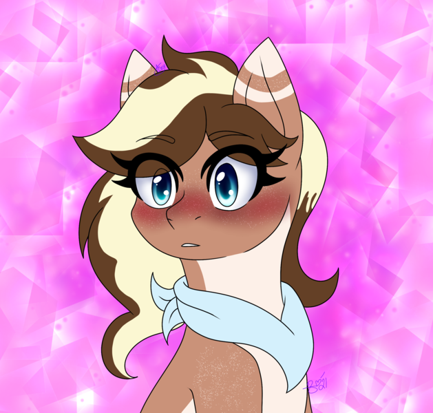 Size: 2200x2100 | Tagged: safe, artist:drawing-assassin-art, derpibooru import, oc, oc:boston cream, unofficial characters only, earth pony, pony, background, bandana, blushing, blushing profusely, derpibooru exclusive, eyebrows, eyebrows visible through hair, eyelashes, female, freckles, image, mare, old art, open mouth, png, simple background, two toned coat, two toned mane, wide eyes