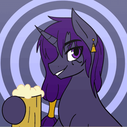 Size: 1200x1200 | Tagged: safe, artist:nova rain, derpibooru import, oc, oc:yoru night, unofficial characters only, pony, unicorn, alcohol, animated, beer, commission, drinking, ear piercing, earring, facial markings, gif, image, jewelry, male, piercing, simple background, solo, stallion, toasting