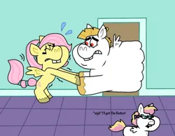 Size: 1016x787 | Tagged: safe, artist:cookie-lovey, derpibooru import, bulk biceps, fluttershy, oc, oc:peggy, pegasus, pony, 2014, alternate hairstyle, bucktooth, dialogue, door, eyes closed, family, female, filly, flutterbulk, foal, frown, image, indoors, jpeg, male, mare, offspring, parent:bulk biceps, parent:fluttershy, parents:flutterbulk, pulling, shipping, stallion, straight, stuck, style emulation, sweat, text, the fairly oddparents, trio